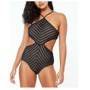 Bar III BLACK Nude High-Neck Crochet Monokini One Piece Swimsuit X-Small NWT